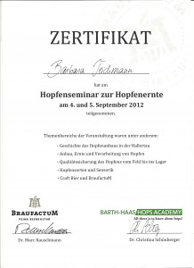 Barbara Teichmann Die BierVersteherin Zertifikat Hopfenseminar 2012